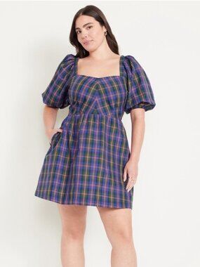 NWT Old Navy Plaid Puff Sleeve Fit and Flair Dress